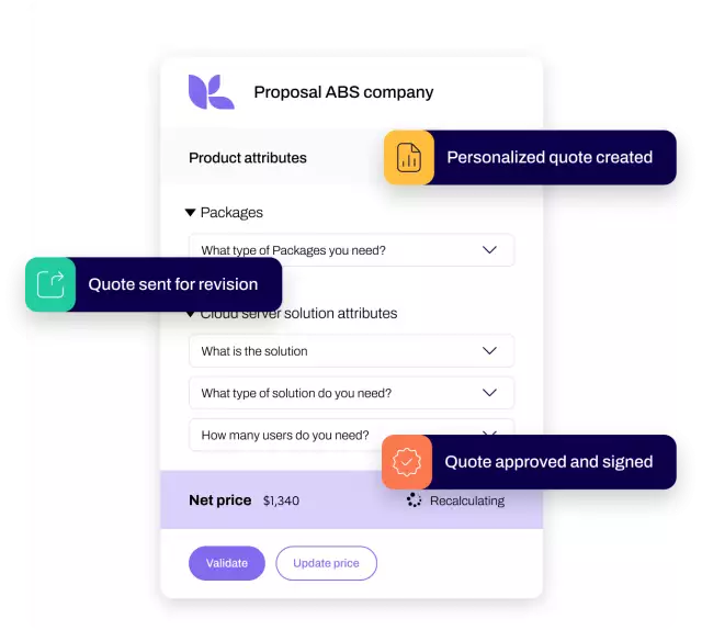 Proposal generated by Conga CPQ with tabs reading personalized quote created, quote sent for revision, quote approved and signed