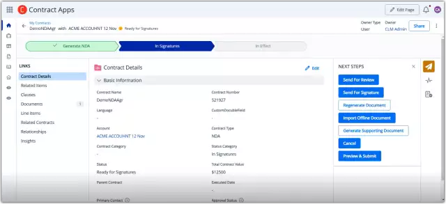 Conga contract automation software routing an NDA contract for electronic signature.