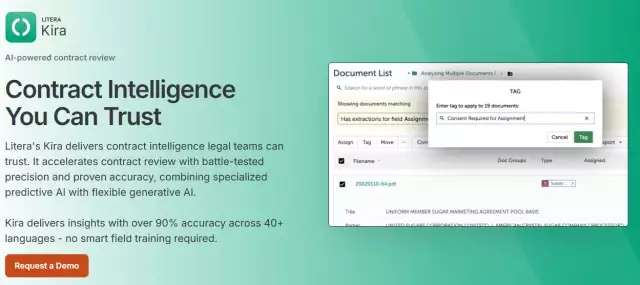 Kira’s artificial intelligence contract review software homepage.