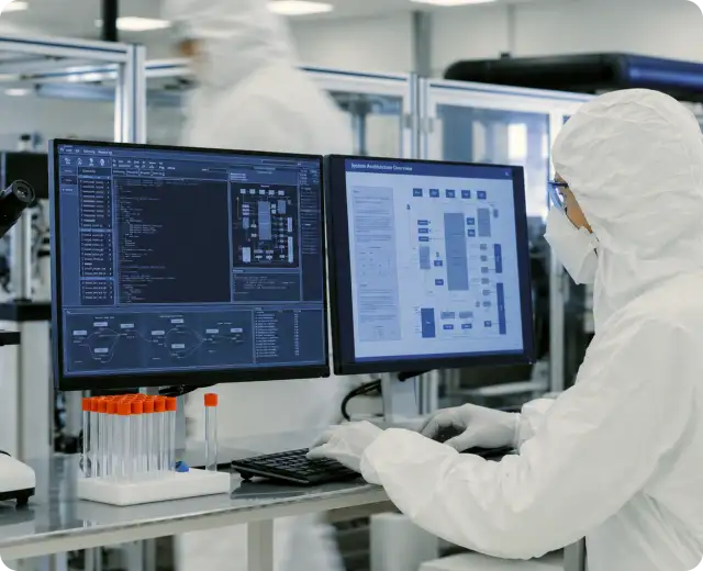 A laboratory worker wearing a white sterile cleanroom suit, mask, and gloves using a dual-monitor computer workstation with a rack of test tubes visible in the foreground.