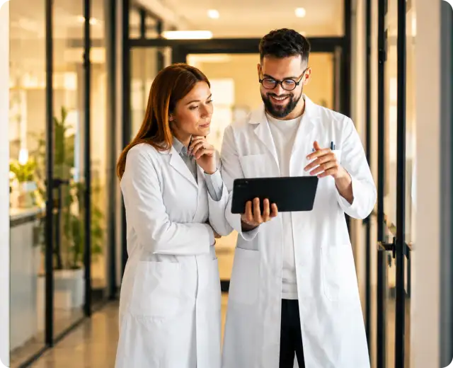 Two medical professionals wearing white lab coats standing in a modern clinic hallway and looking at information on a handheld tablet.