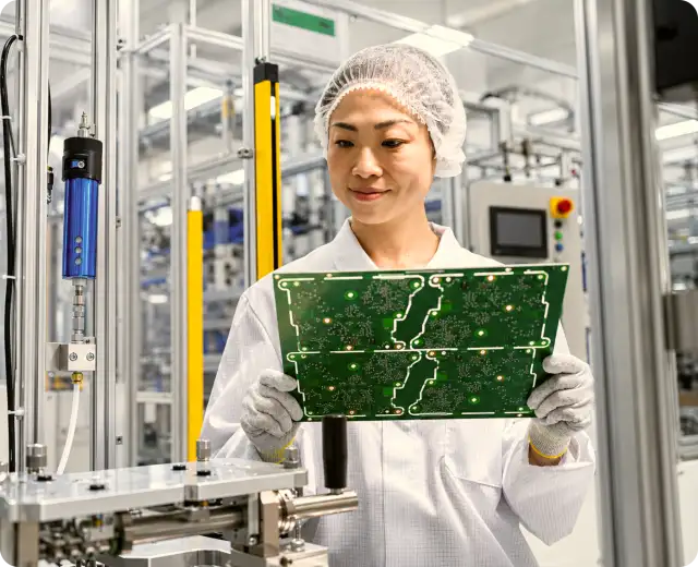 A female factory technician wearing a hairnet, lab coat, and protective gloves holding up and inspecting a large green printed circuit board (PCB).