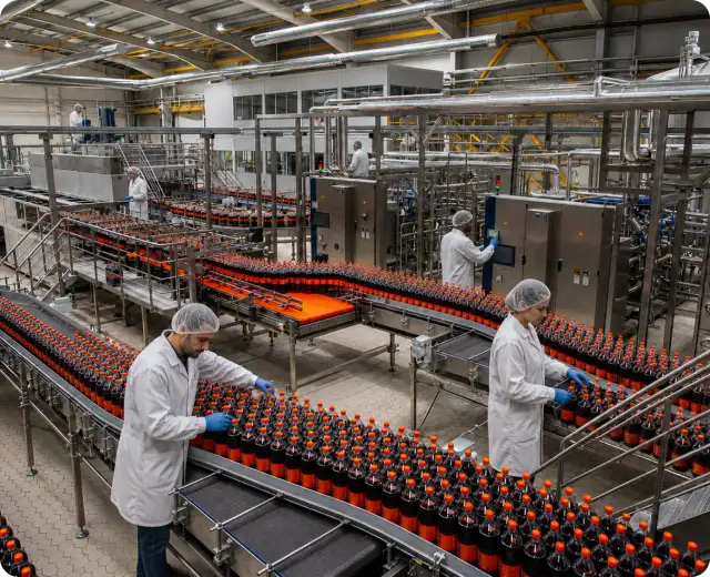 Factory workers in white lab coats and hairnets managing an automated production line filled with rows of plastic beverage bottles on conveyor belts.
