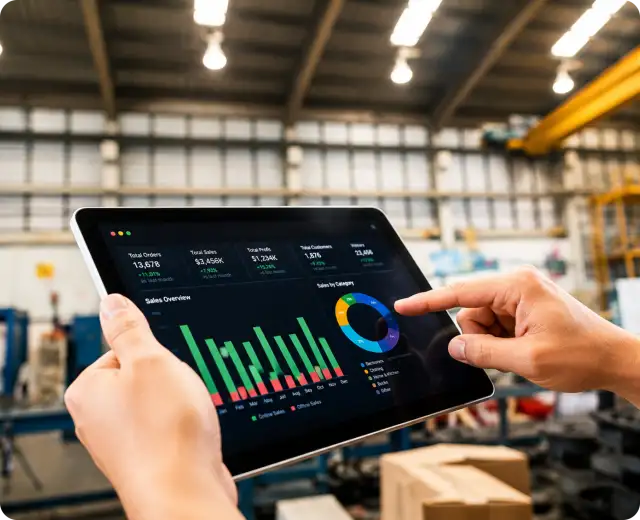 Close-up view of a person holding a digital tablet displaying data analytics, sales charts, and software dashboards inside a warehouse environment.