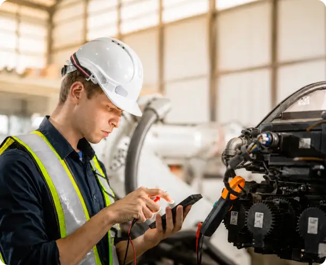An industrial technician wearing a white hard hat and a high-visibility safety vest using a handheld digital multimeter to test electronic components on machinery.