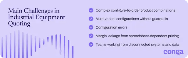 List of industrial equipment quoting challenges includes configuration errors, margin leakage, and disconnected systems