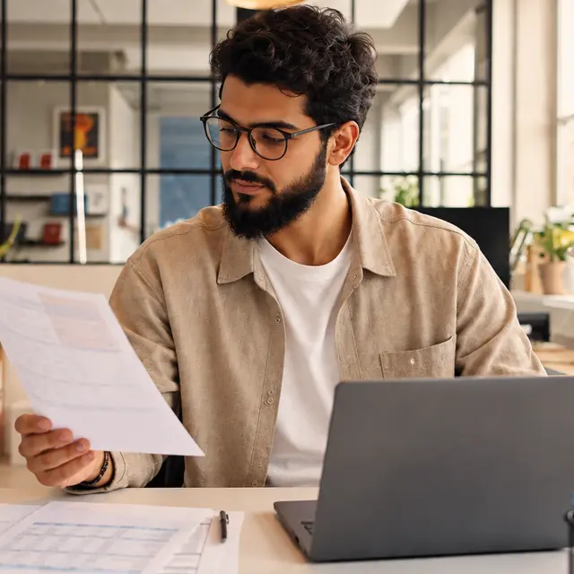 Professional reviewing a paper document at a desk with a laptop.